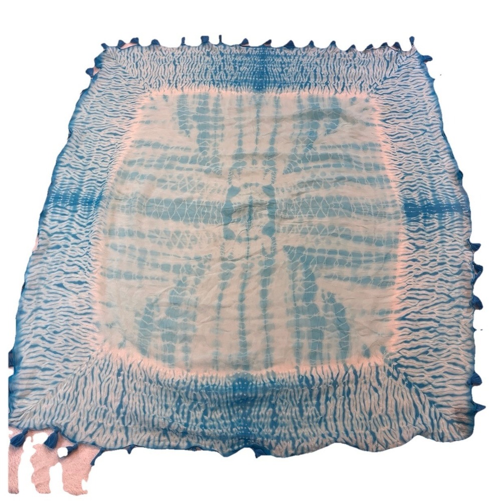 Eileen Fisher Square Blue Silk Scarf Tassels Tie Dye 40x40